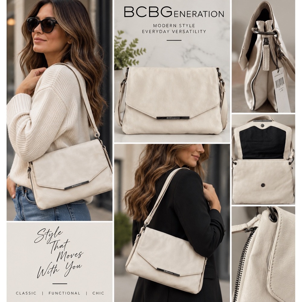 BCBGeneration Crossbody Bag Womens Medium Cream New Faux Leather Envelope Flap